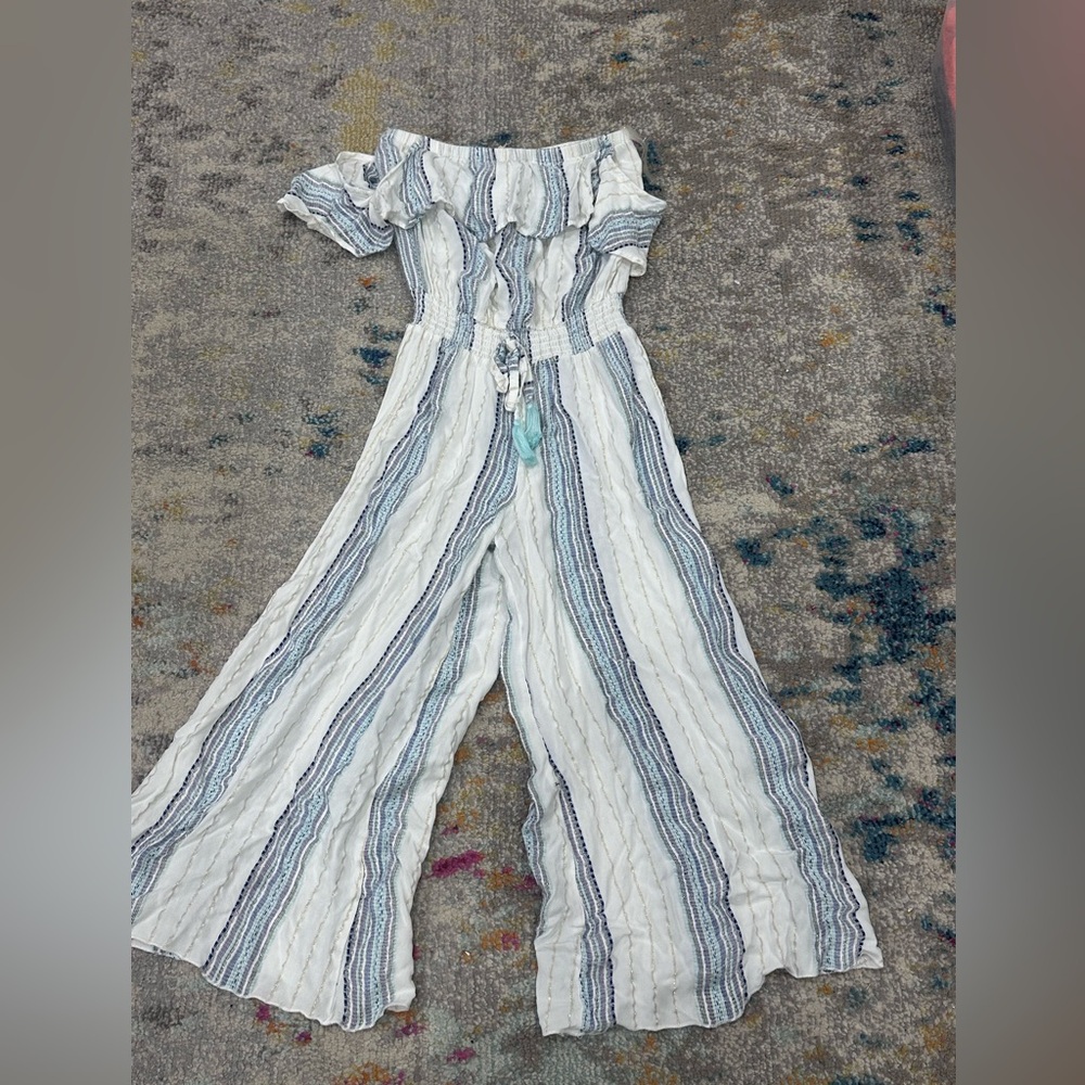 Surf Gypsy White & Blue Striped Off-Shoulder Jumpsuit